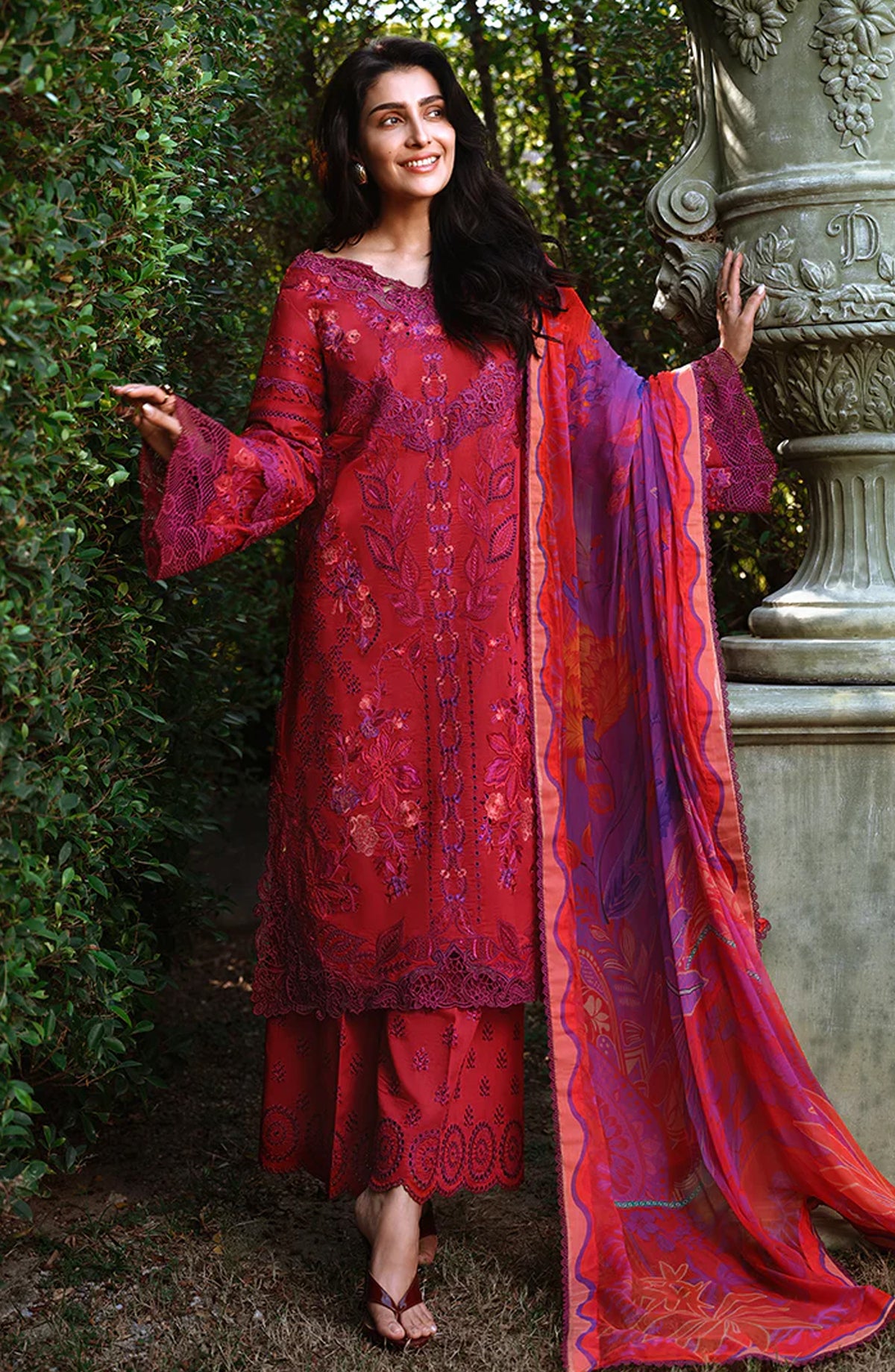 Mushq A Moi Held by Love Luxury Embroidered Lawn Unstitched 3 Piece Suit - Falling Petals - MQ26MOI - Red - Summer Collection