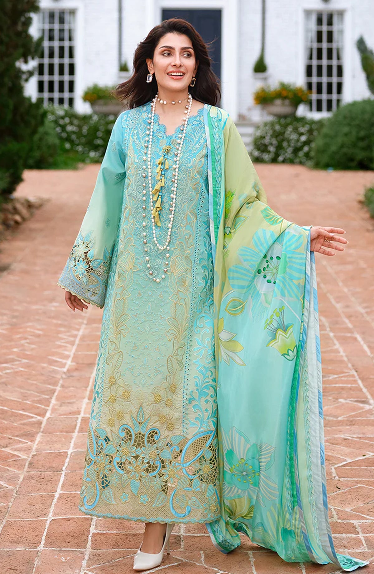 Mushq A Moi Held by Love Luxury Embroidered Lawn Unstitched 3 Piece Suit - Whispering Winds - MQ26MOI - Aqua Lime - Summer Collection