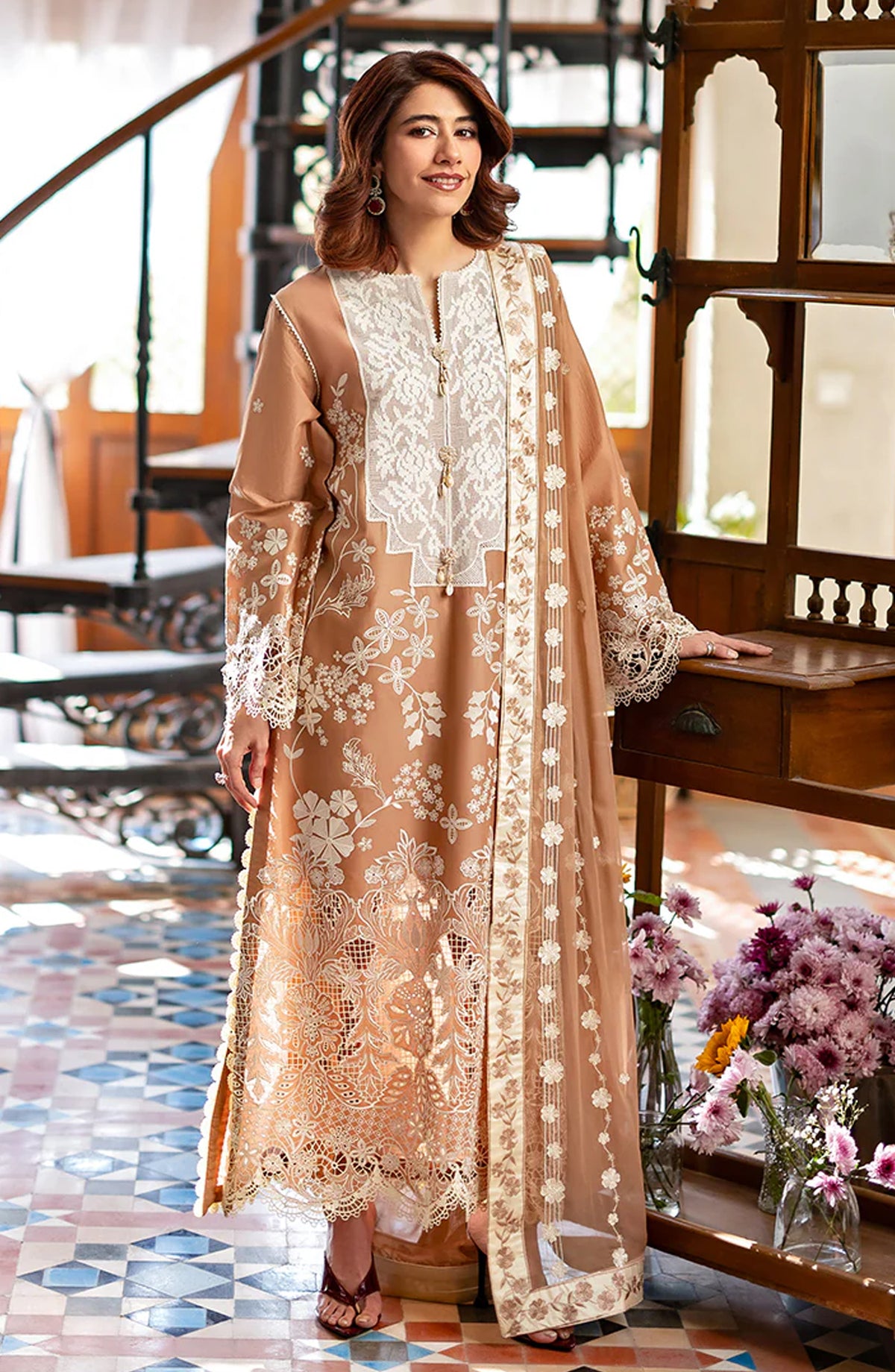 Mushq Astoria Embroidered Lawn Unstitched 3 Piece Suit - Elodie - MQ26AST - Mocca - Festive Collection