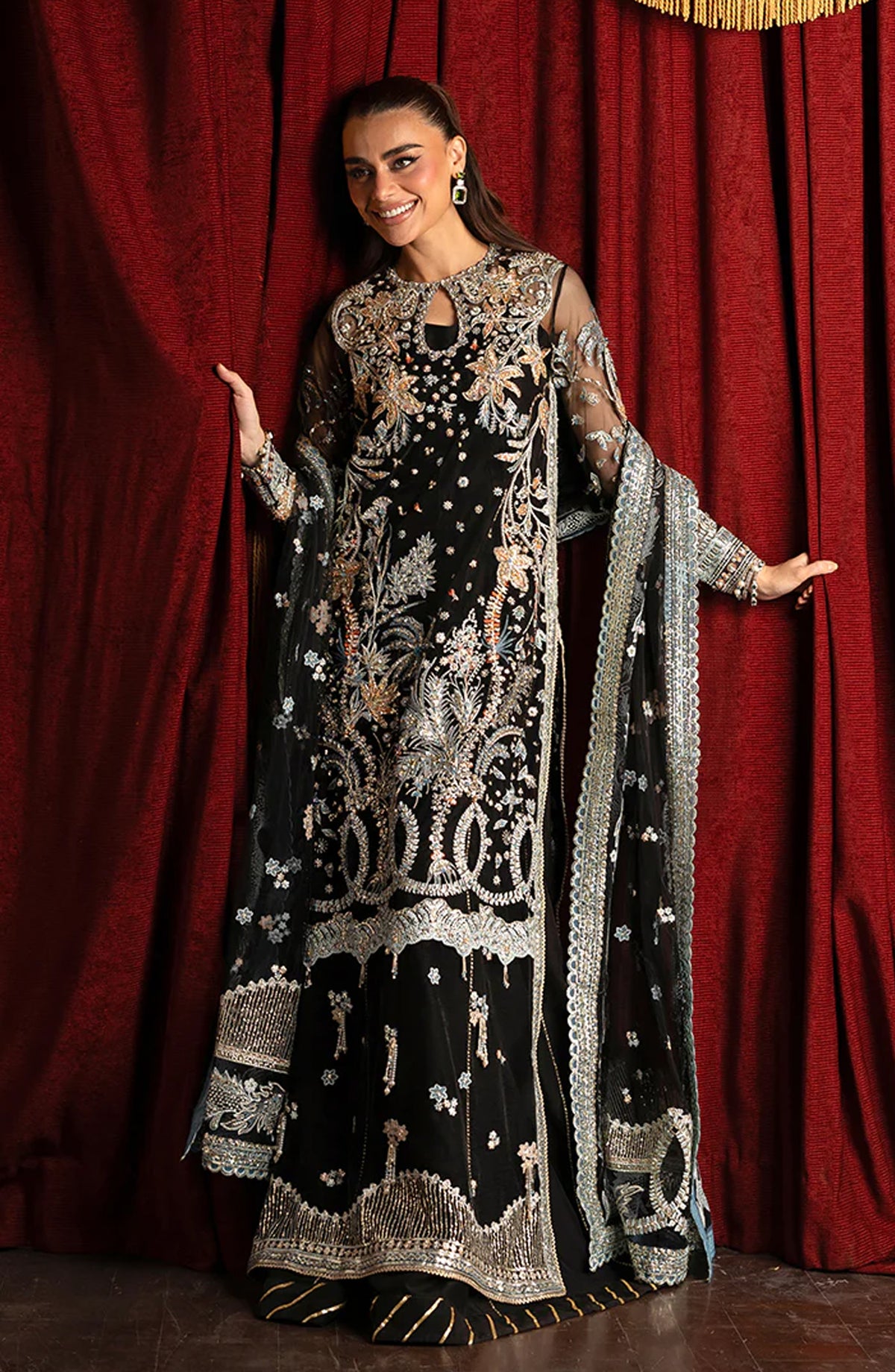 Mushq Darlings Wedding Embroidered Net Unstitched 3 Piece Suit - Malika - MQ25DRW - Black - Festive Collection