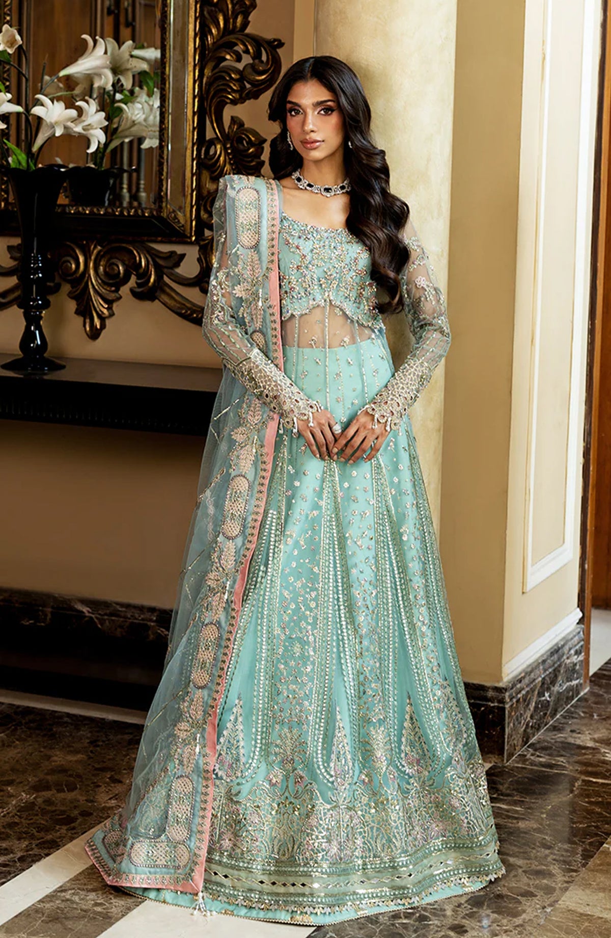 Mushq Darlings Wedding Embroidered Net Unstitched 3 Piece Suit - Bindu - MQ25DRW - Mint Green - Festive Collection