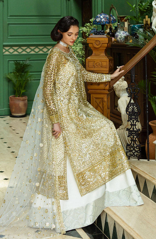 Mushq Inception Hemline Embroidered Net Unstitched 3 Piece Suit - HUNWD250103U Only You - MQ25INC - White & Gold - Wedding Collection
