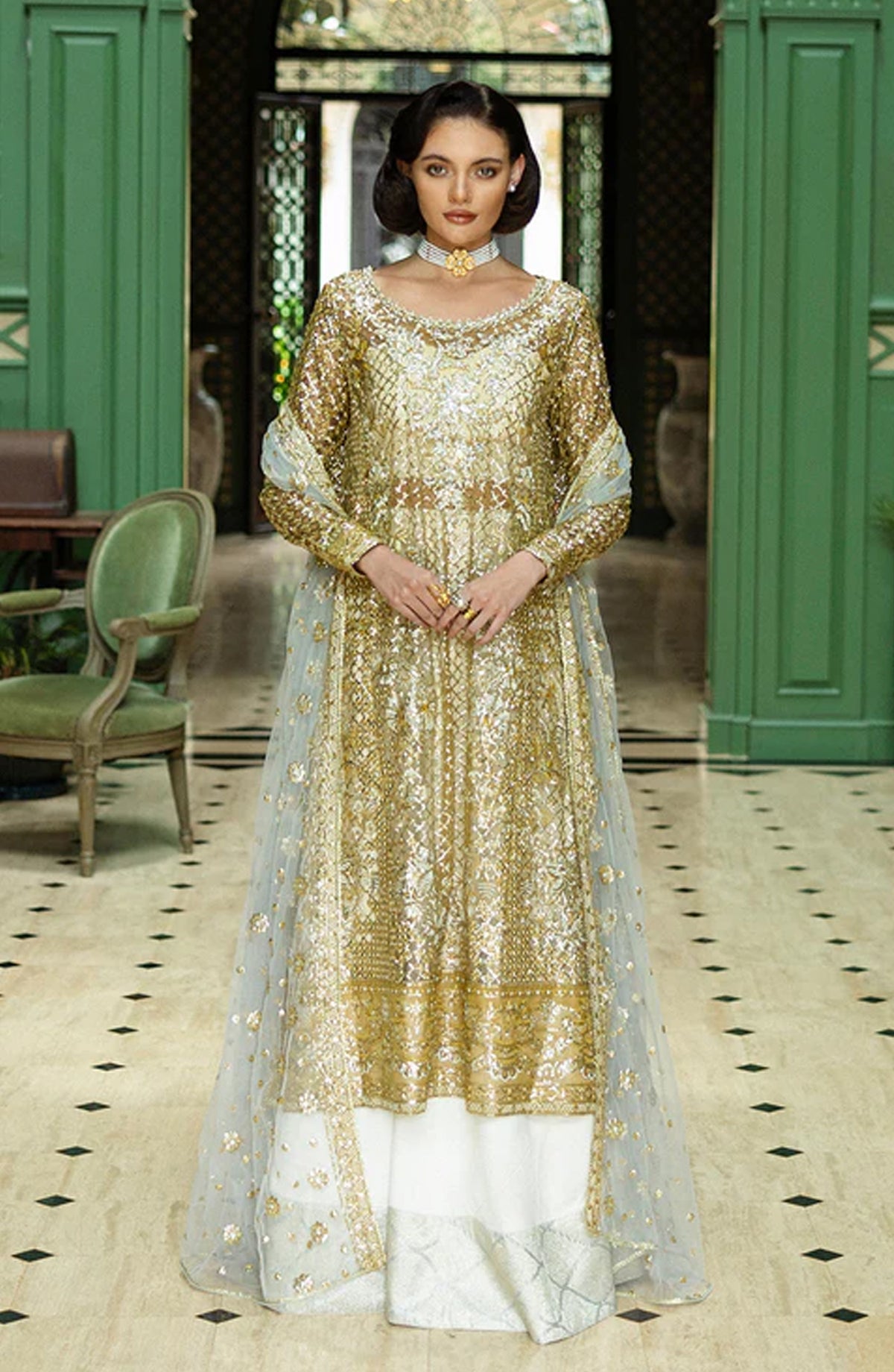 Mushq Inception Hemline Embroidered Net Unstitched 3 Piece Suit - HUNWD250103U Only You - MQ25INC - White & Gold - Wedding Collection