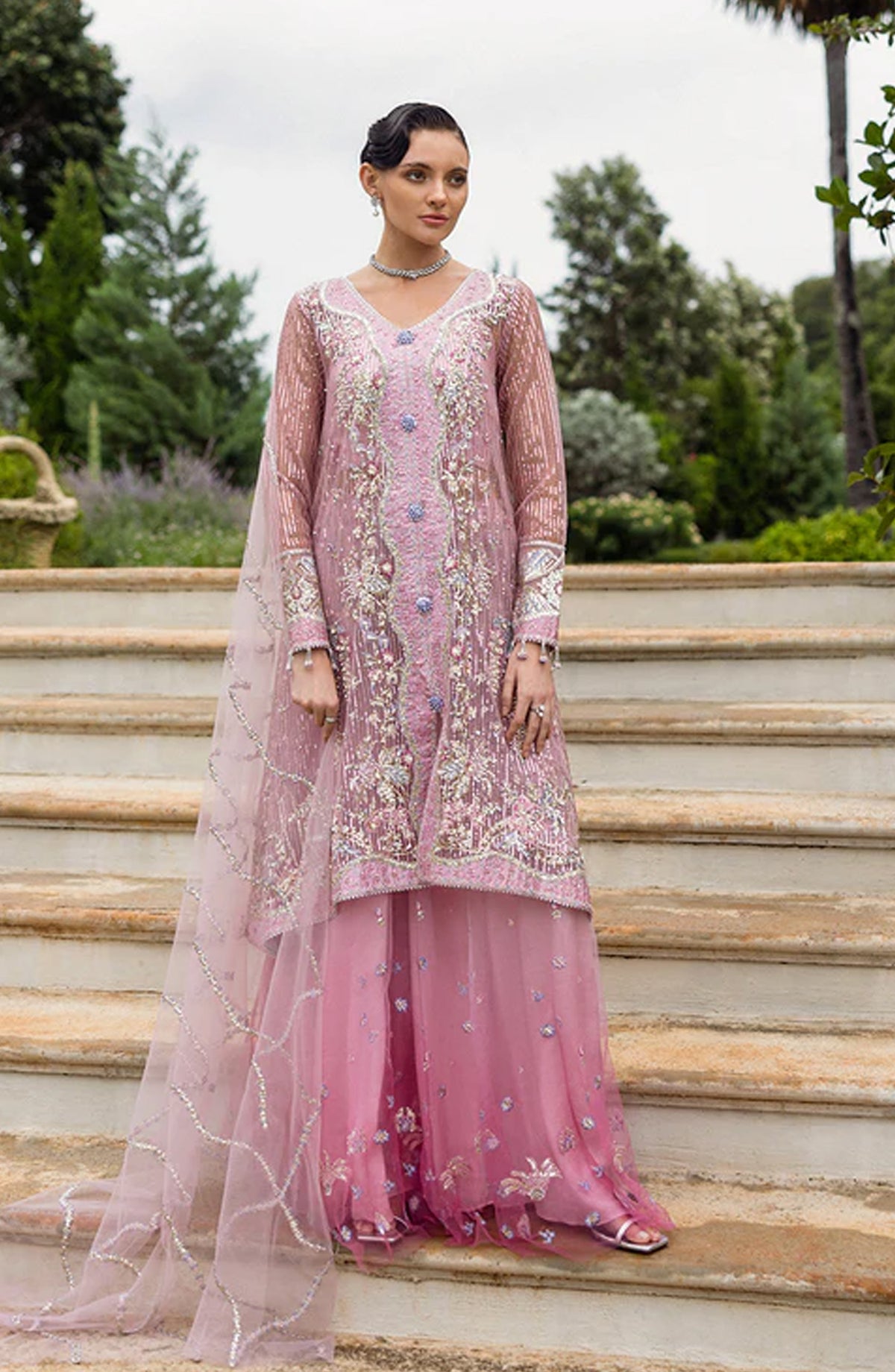 Mushq Inception Hemline Embroidered Net Unstitched 3 Piece Suit - HUNWD250105U Pretty in Pink - MQ25INC - Light Pink - Wedding Collection