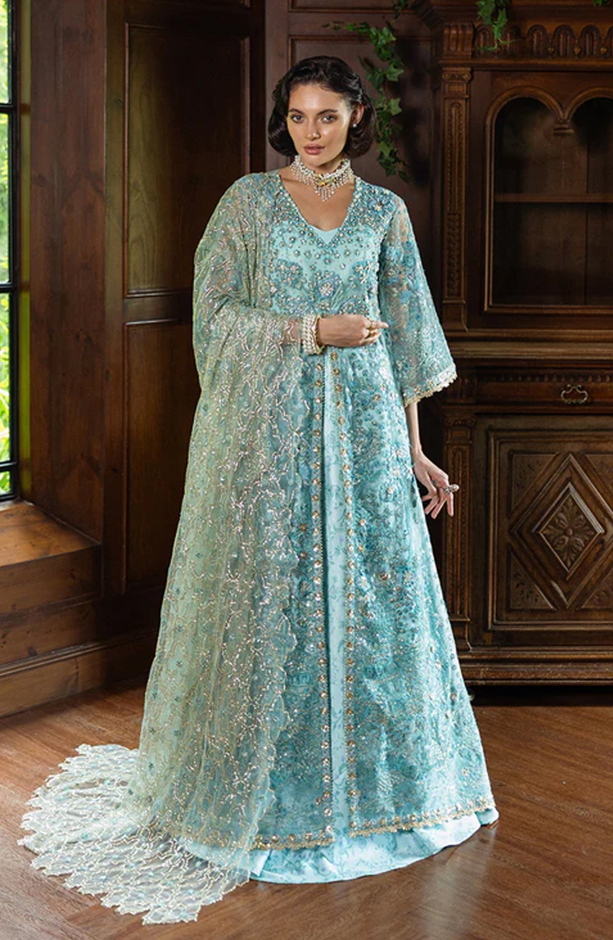 Mushq Inception Hemline Embroidered Net Unstitched 3 Piece Suit - HUNWD250102U Endless Love - MQ25INC - Aqua Blue - Wedding Collection