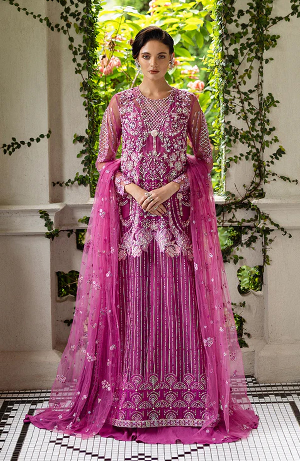 Mushq Inception Hemline Embroidered Net Unstitched 3 Piece Suit - HUNWD250107U Sweet November - MQ25INC - Blush Pink - Wedding Collection