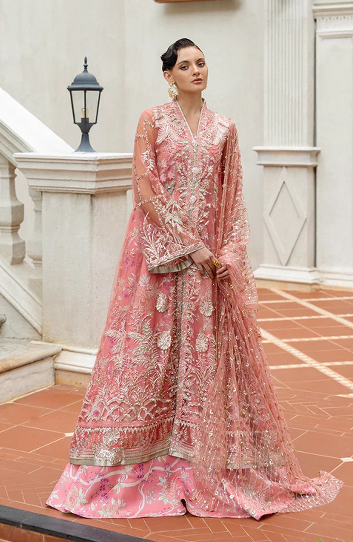 Mushq Inception Hemline Embroidered Net Unstitched 3 Piece Suit - HUNWD250106U Wings of Desire - MQ25INC - Coral - Wedding Collection