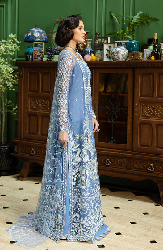Mushq Inception Hemline Embroidered Net Unstitched 3 Piece Suit - HUNWD250108U Before the Rain - MQ25INC - Blue - Wedding Collection