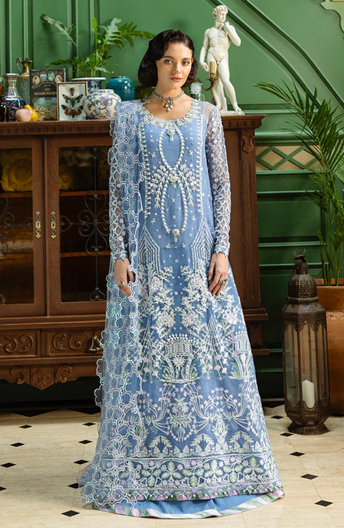 Mushq Inception Hemline Embroidered Net Unstitched 3 Piece Suit - HUNWD250108U Before the Rain - MQ25INC - Blue - Wedding Collection