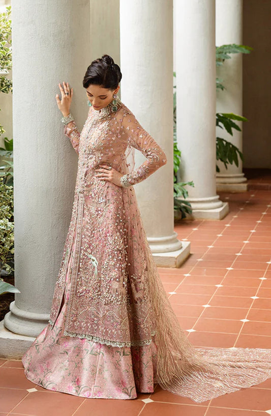 Mushq Inception Hemline Embroidered Net Unstitched 3 Piece Suit - HUNWD250101U Before Sunrise - MQ25INC - Coral Pink - Wedding Collection