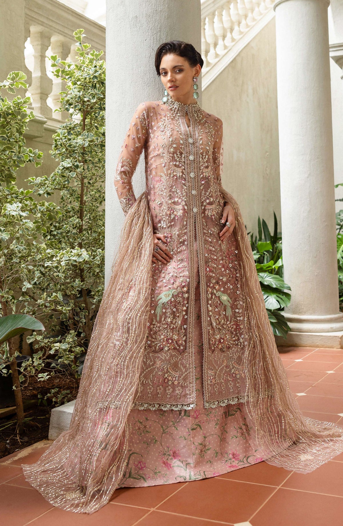 Mushq Inception Hemline Embroidered Net Unstitched 3 Piece Suit - HUNWD250101U Before Sunrise - MQ25INC - Coral Pink - Wedding Collection