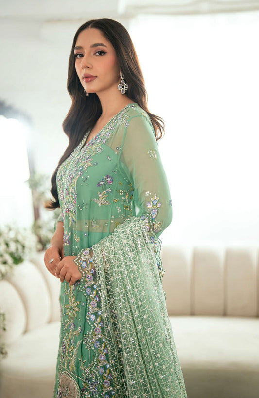Mushq Shaam Shandar Embroidered Chiffon Unstitched 3 Piece Suit - Munch250108 Adaa - MQ25SHM - Green - Wedding Collection