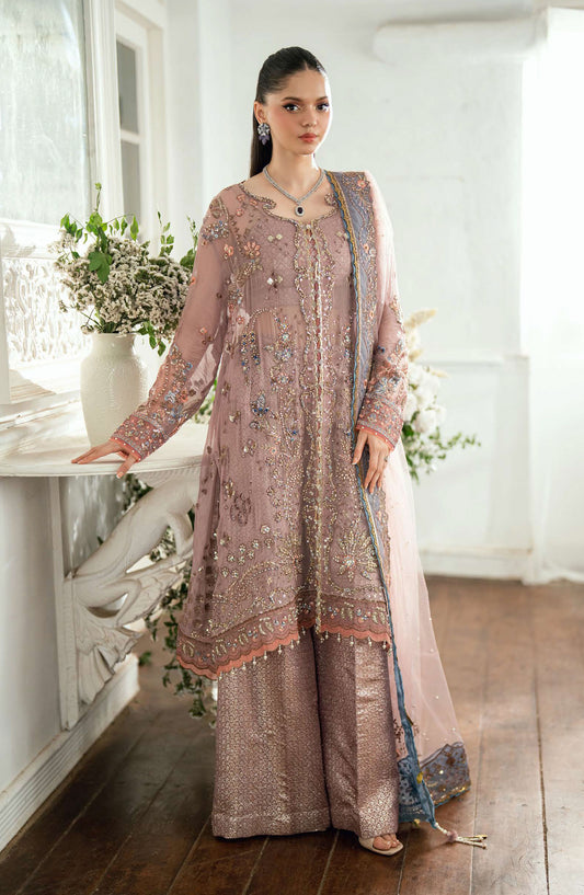 Mushq Shaam Shandar Embroidered Chiffon Unstitched 3 Piece Suit - Munch250109 Roop Rangoli - MQ25SHM - Dusty Pink - Wedding Collection
