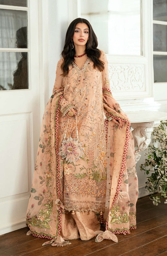 Mushq Shaam Shandar Embroidered Chiffon Unstitched 3 Piece Suit - Munch250104 Tarannum - MQ25SHM - Peach - Wedding Collection