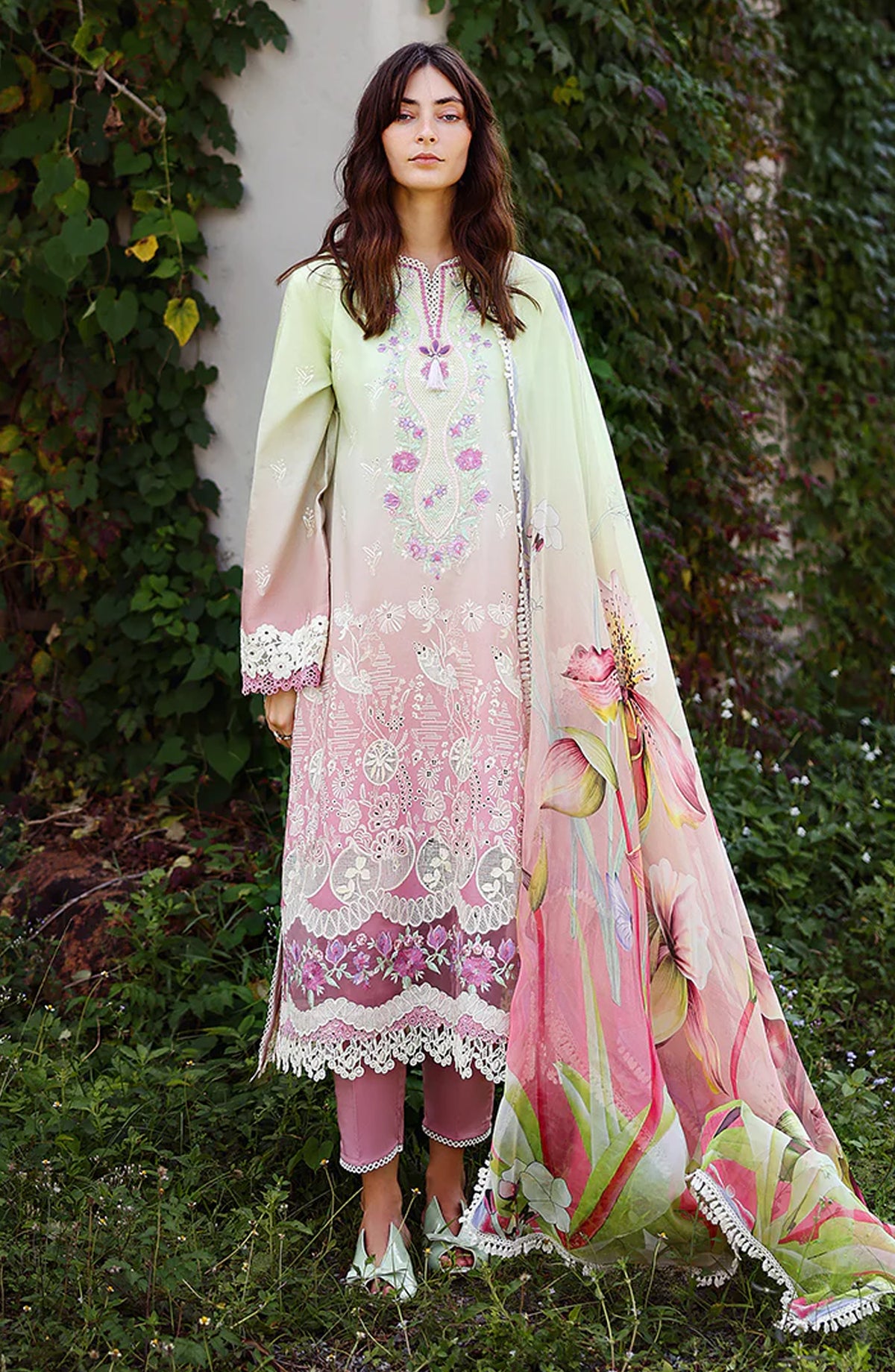 Mushq Solace Ombre Embroidered Lawn Unstitched 3 Piece Suit - Petal Pull - MQ26OMB - Pale off white and pink - Summer Collection