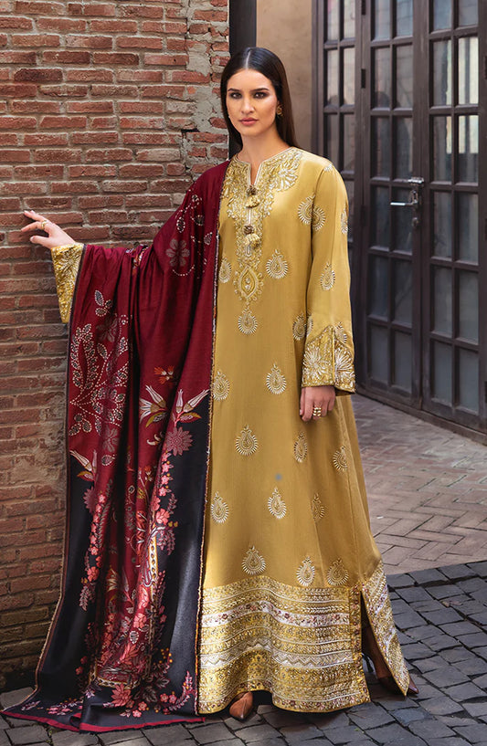 Mushq Broadway Embroidered Herringbone Unstitched 3 Piece Suit - Sunlit Siena - MQ25BRD - Gold Yellow - Winter Collection