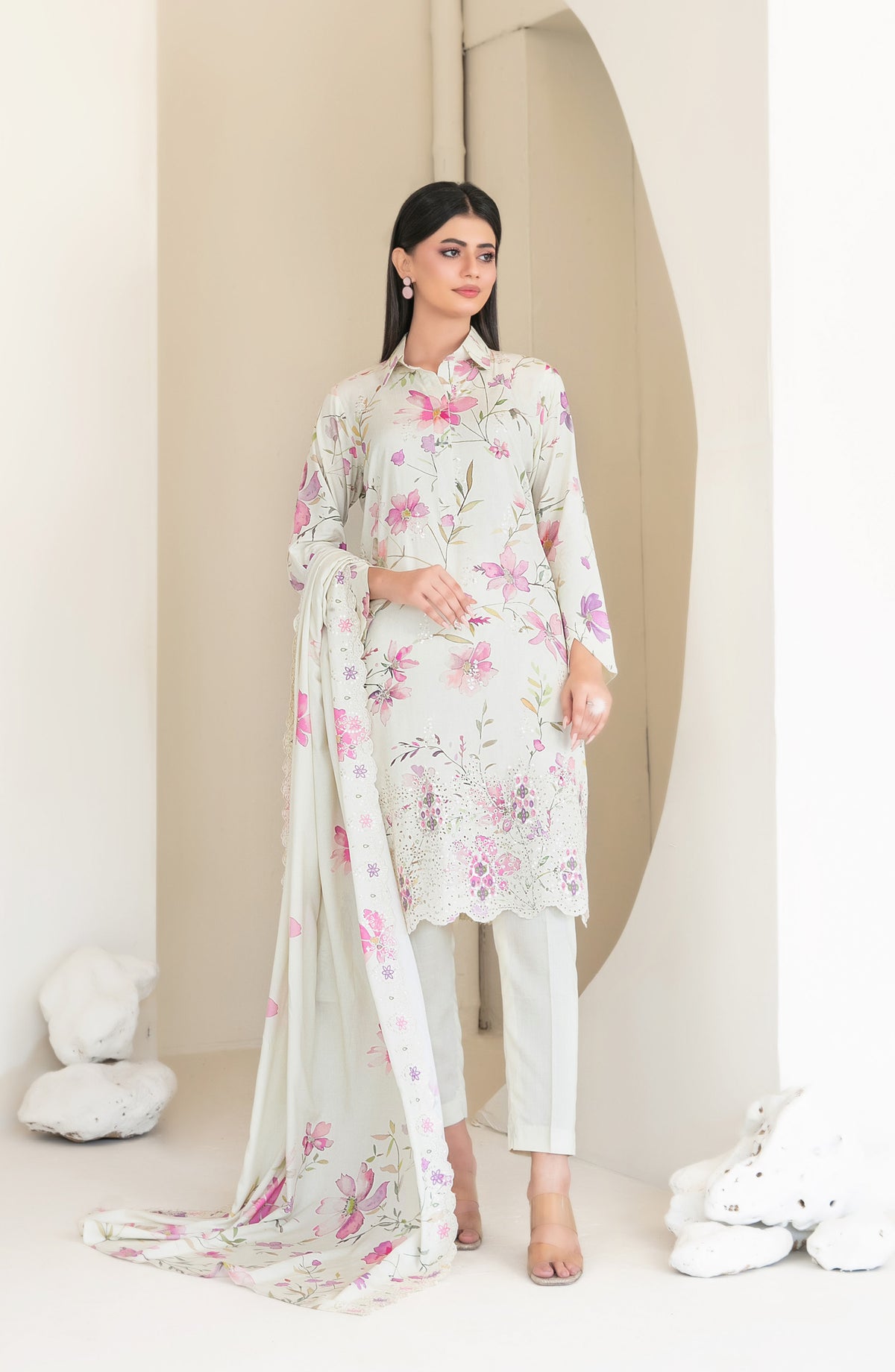 Muskaan by Tawakkal Fabric Embroidered Staple Digital Print Unstitched 3 Piece Suit - D-4419 - TF25MUS - Off White - Casual Collection