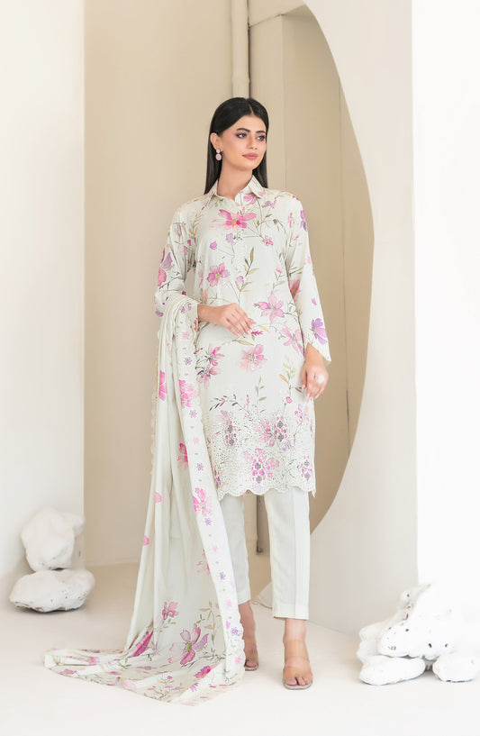 Muskaan by Tawakkal Fabric Embroidered Staple Digital Print Unstitched 3 Piece Suit - D-4419 - TF25MUS - Off White - Casual Collection