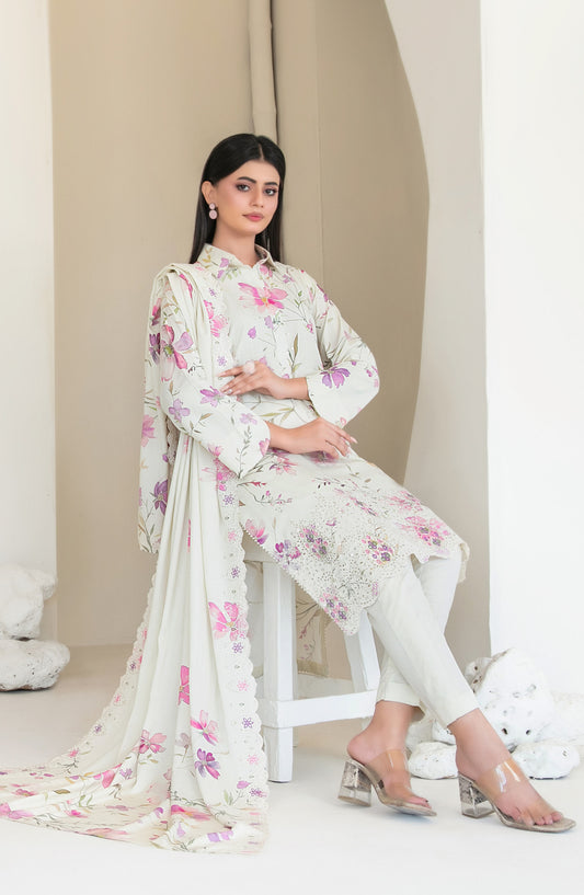 Muskaan by Tawakkal Fabric Embroidered Staple Digital Print Unstitched 3 Piece Suit - D-4419 - TF25MUS - Off White - Casual Collection