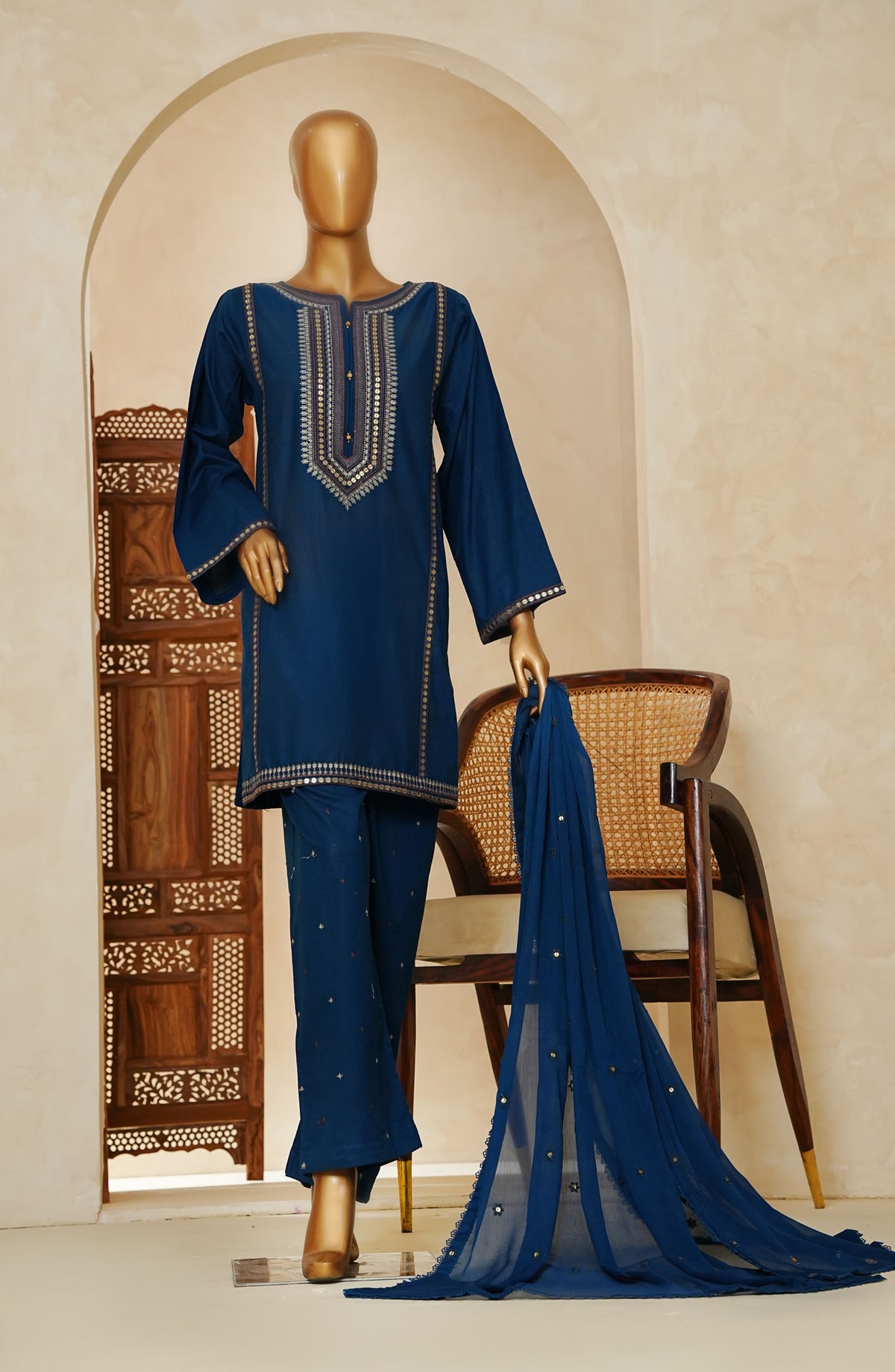 Nazakat Noir by Amna Khadija Embroidered Cotton Cambric Stitched 3 Piece Suit - AM25NZK - NNLP-01 - Blue - Festive Collection