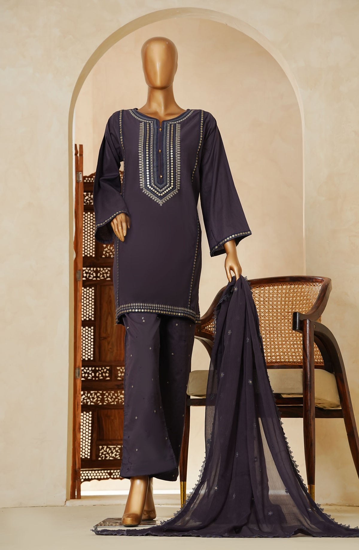Nazakat Noir by Amna Khadija Embroidered Cotton Cambric Stitched 3 Piece Suit - AM25NZK - NNLP-04 - Purple - Festive Collection