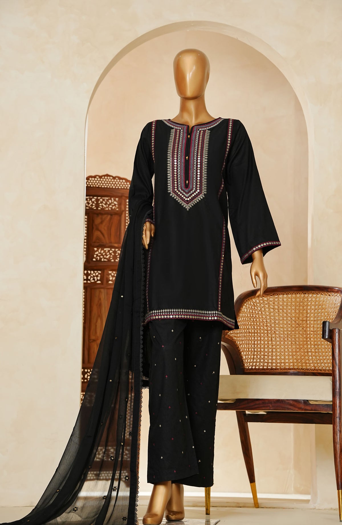 Nazakat Noir by Amna Khadija Embroidered Cotton Cambric Stitched 3 Piece Suit - AM25NZK - NNLP-05 - Black - Festive Collection