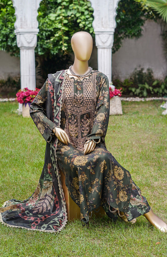 NUR Premium Embroidered Linen Unstitched 3 Piece Suit - D-10 - NUR25LNP - Green - Winter Collection
