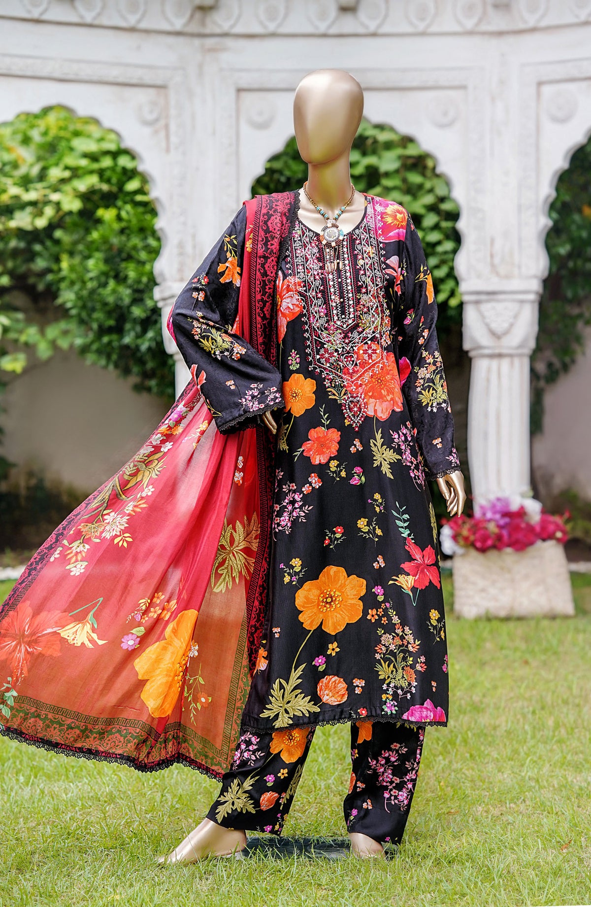 NUR Premium Embroidered Linen Unstitched 3 Piece Suit - D-09 - NUR25LNP - Black - Winter Collection