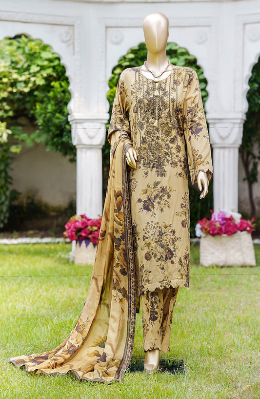 NUR Premium Embroidered Linen Unstitched 3 Piece Suit - D-05 - NUR25LNP - Yellow - Winter Collection