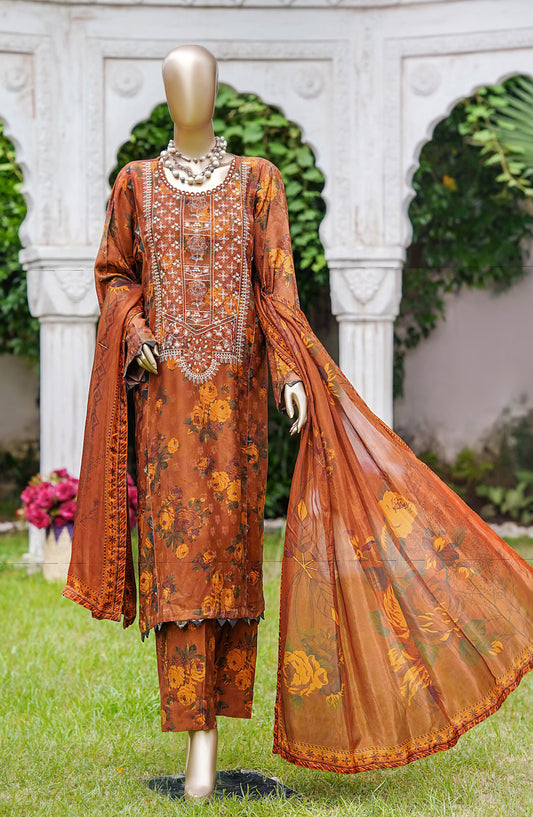 NUR Premium Embroidered Linen Unstitched 3 Piece Suit - D-03 - NUR25LNP - Rust - Winter Collection