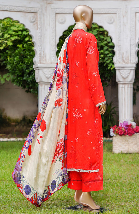 NUR Premium Embroidered Linen Unstitched 3 Piece Suit - D-01 - NUR25LNP - Red - Winter Collection