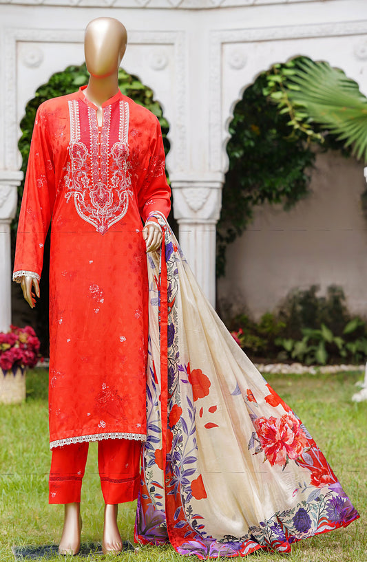 NUR Premium Embroidered Linen Unstitched 3 Piece Suit - D-01 - NUR25LNP - Red - Winter Collection