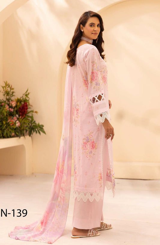 NUR Prints by Al Karim Embroidered Lawn Unstitched 3 Piece Suit - N-139 - AK26NRP - Pink - Summer Collection