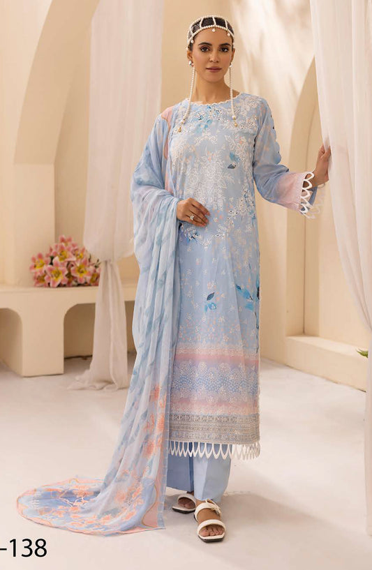 NUR Prints by Al Karim Embroidered Lawn Unstitched 3 Piece Suit - N-138 - AK26NRP - Blue - Summer Collection