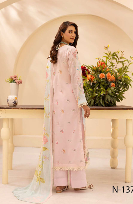 NUR Prints by Al Karim Embroidered Lawn Unstitched 3 Piece Suit - N-137 - AK26NRP - Pink - Summer Collection