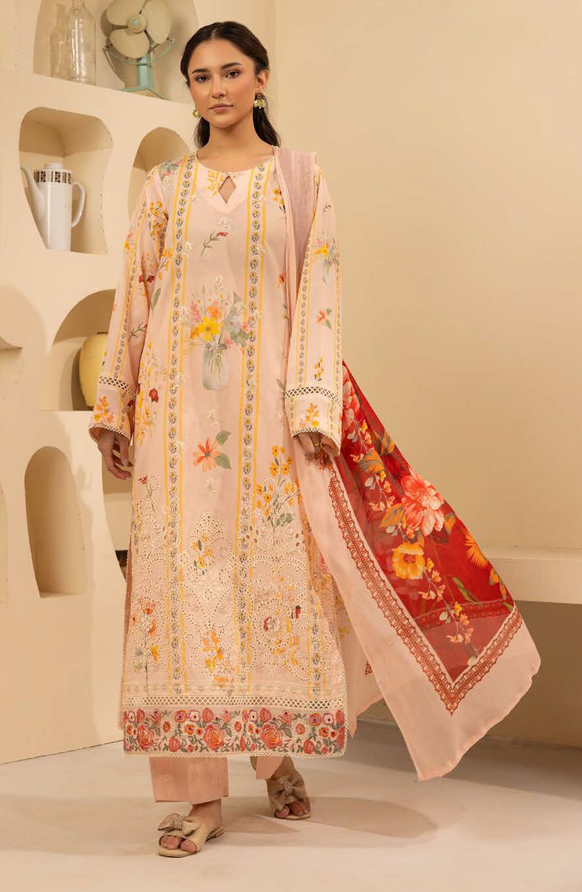 NUR Prints by Al Karim Embroidered Lawn Unstitched 3 Piece Suit - N-135 - AK26NRP - Peach - Summer Collection