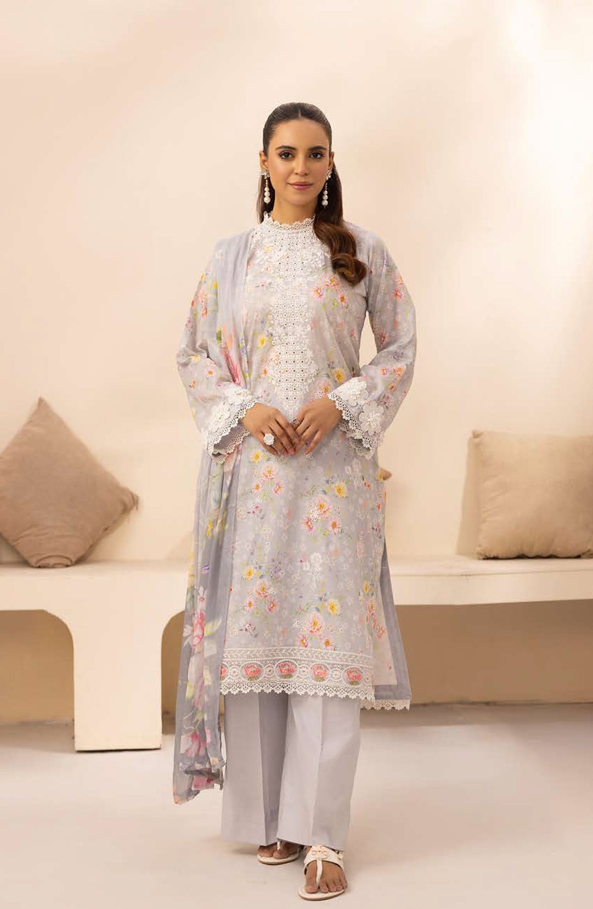 NUR Prints by Al Karim Embroidered Lawn Unstitched 3 Piece Suit - N-133 - AK26NRP - Grey - Summer Collection