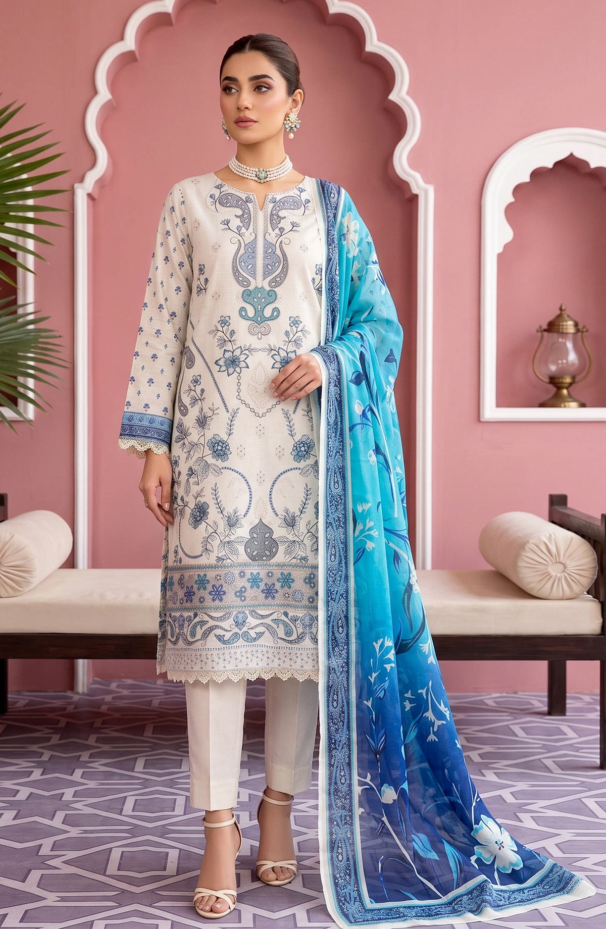 Naghma by Riaz Arts Embroidered Lawn Unstitched 3 Piece Suit - D-07 - RA26NGH - Off White - Summer Collection