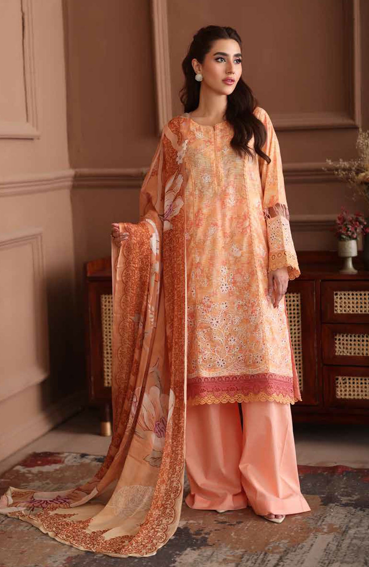 Naira by Johra Embroidered Chikankari Lawn Unstitched 3 Piece Suit - JH-1034 - JH25NRI - Orange - Summer Collection