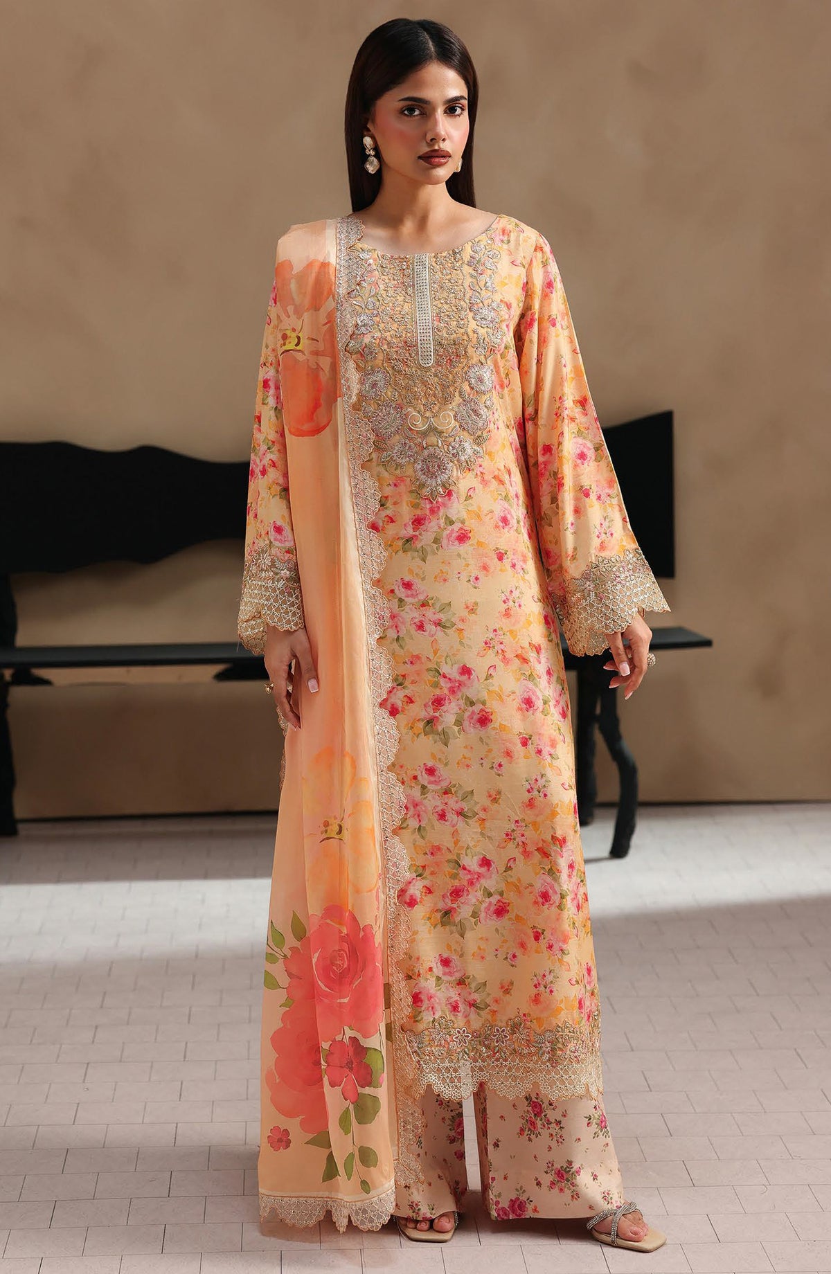 Naqsh by Ramsha Embroidered Raw Silk Unstitched 3 Piece Suit - RS-207 - RM26NQ - Peach - Winter Collection