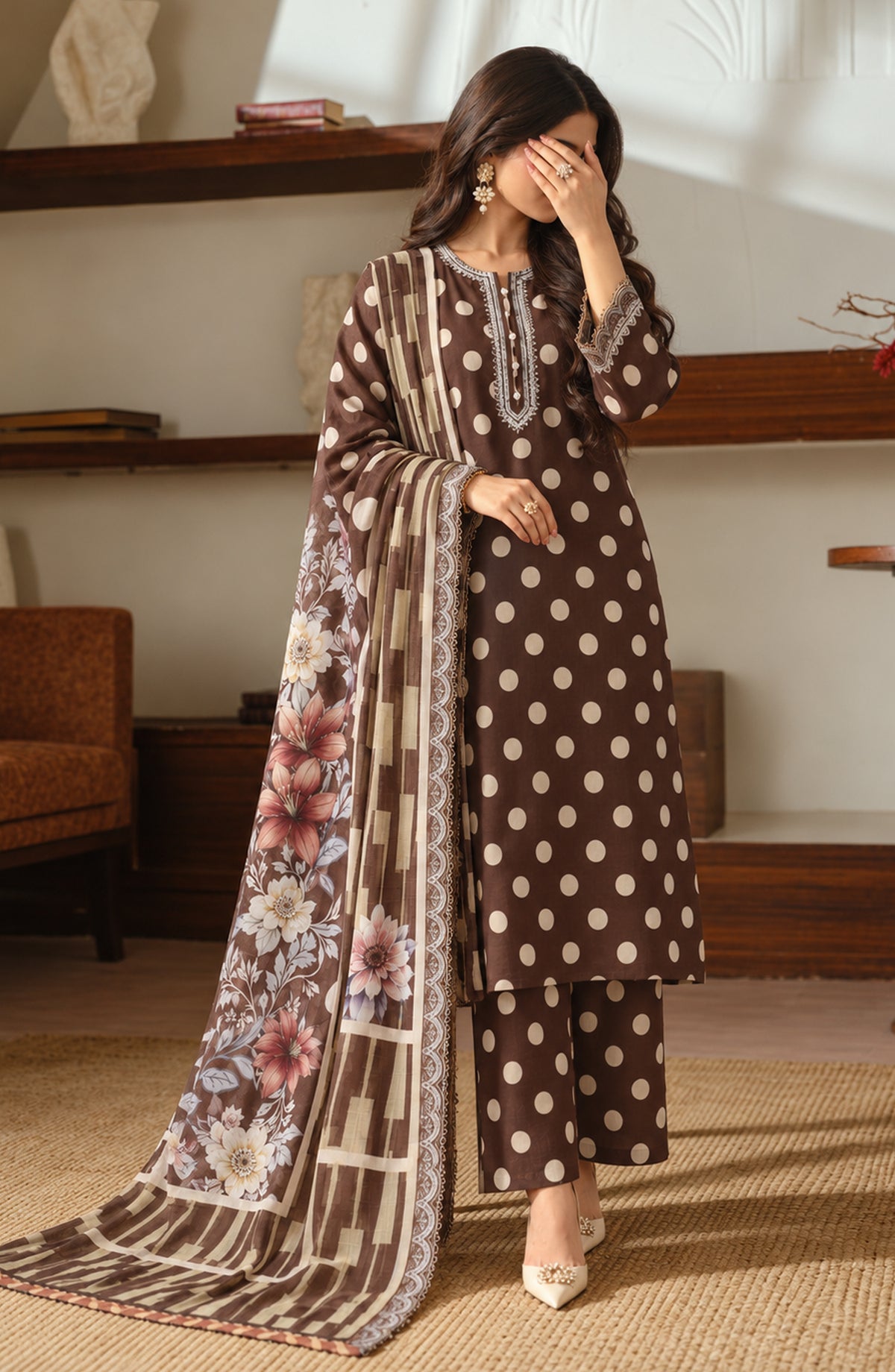 Narmin by Amna Khadija Embroidered Lawn Stitched 3 Piece Suit - AKN-04 - AM26NMN - Brown - Summer Collection