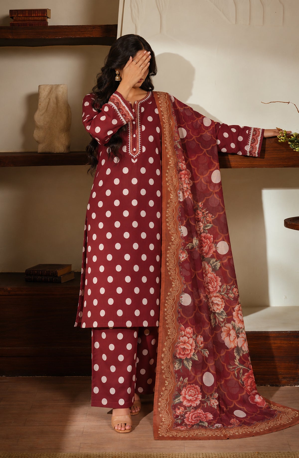 Narmin by Amna Khadija Embroidered Lawn Stitched 3 Piece Suit - AKN-02 - AM26NMN - Maroon - Summer Collection