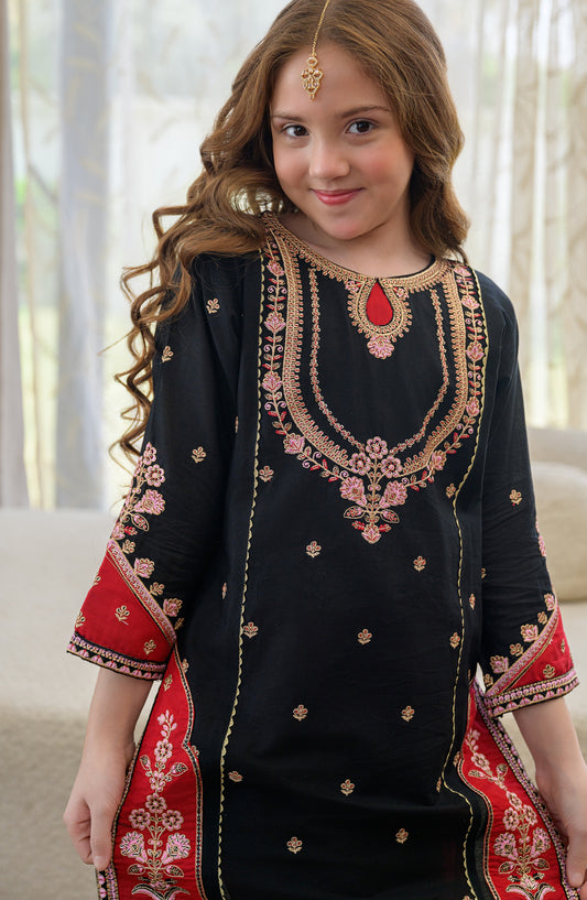 Fresh Birds Embroidered Cotton Lawn Stitched 2 Piece Suit - Nawar - FBR26TW - Black - Festive Girls Collection
