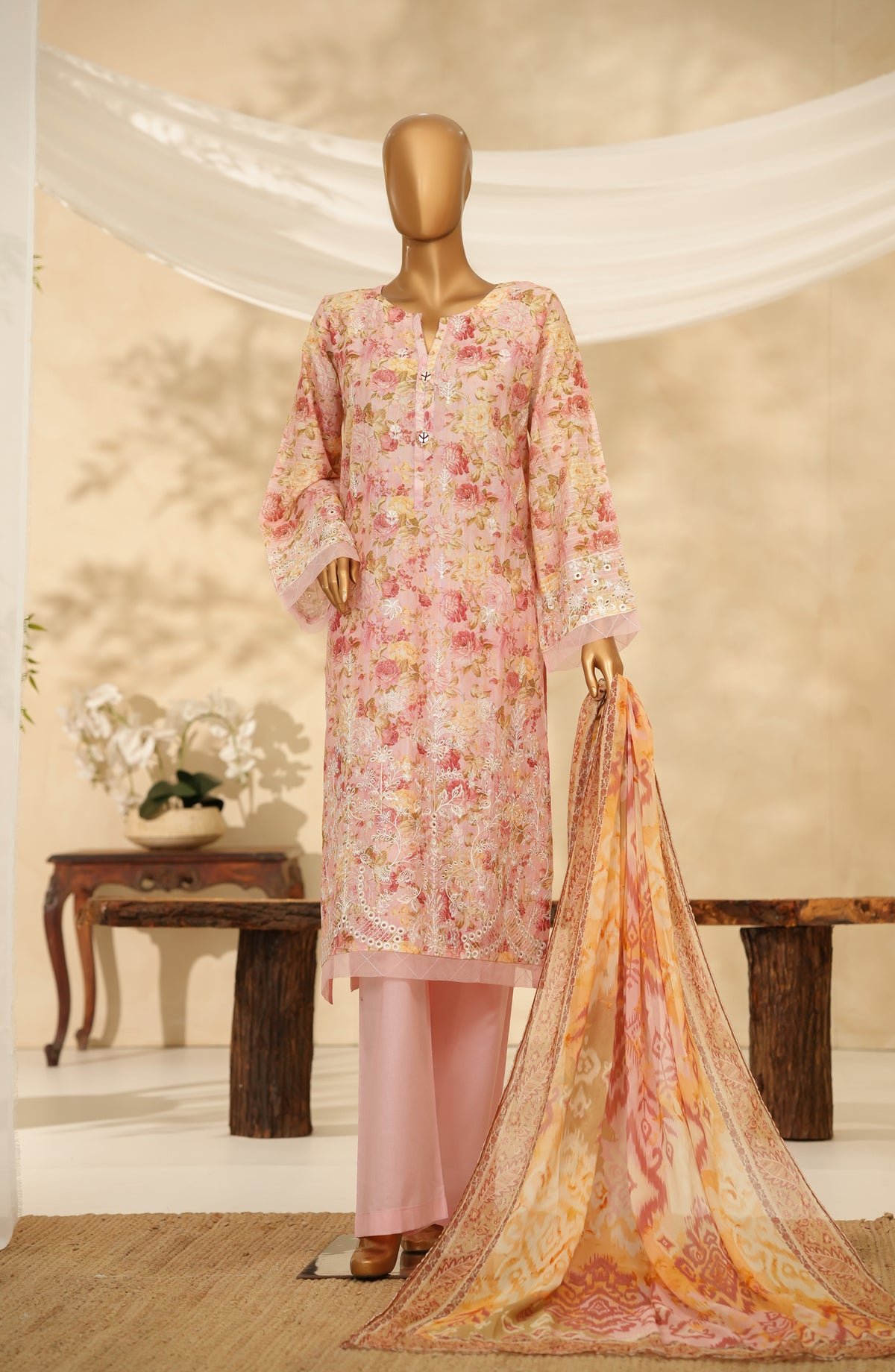 Nayab by Amna Khadija Printkari Embroidered Doria Fine Cotton Stitched 3 Piece Suit - NPED-04 - AM25NYB2 - Pink - Summer Collection