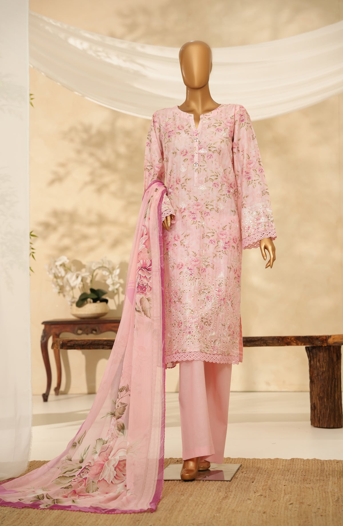 Nayab by Amna Khadija Printkari Embroidered Doria Fine Cotton Stitched 3 Piece Suit - NPED-03 - AM25NYB2 - Pink - Summer Collection