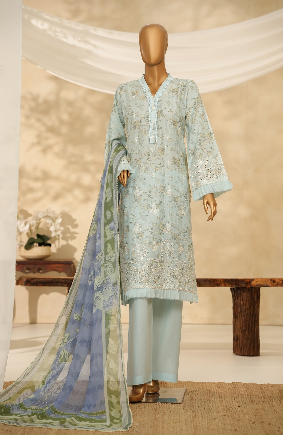 Nayab by Amna Khadija Printkari Embroidered Doria Fine Cotton Stitched 3 Piece Suit - NPED-02 - AM25NYB2 - Blue - Summer Collection