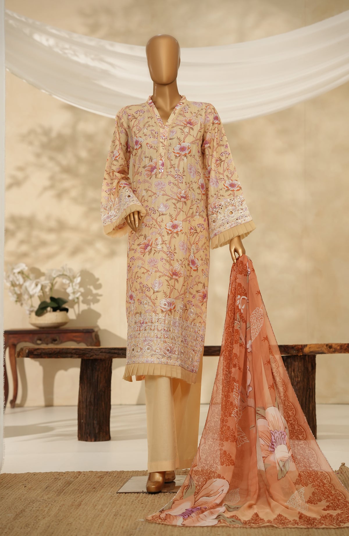 Nayab by Amna Khadija Printkari Embroidered Doria Fine Cotton Stitched 3 Piece Suit - NPED-01 - AM25NYB2 - Orange - Summer Collection