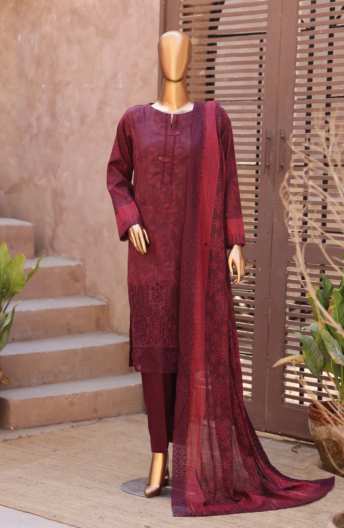 Nayab by HZ Textile Embroidered Lawn Unstitched 3 Piece Suit - D-08 - HZ26TAN - Maroon - Summer Collection