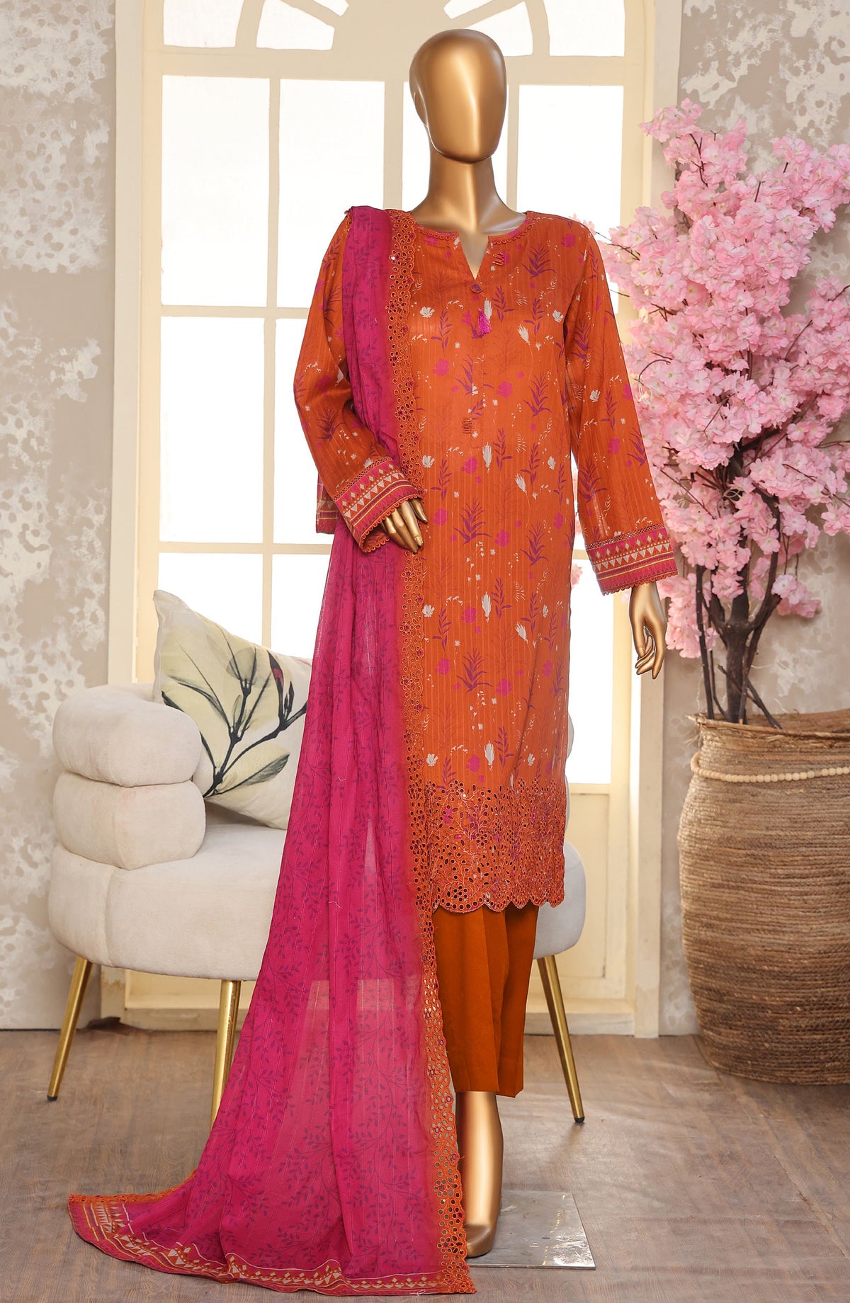 Nayab by HZ Textile Embroidered Lawn Unstitched 3 Piece Suit - Design-06 - HZ26NYB - Orange - Summer Collection
