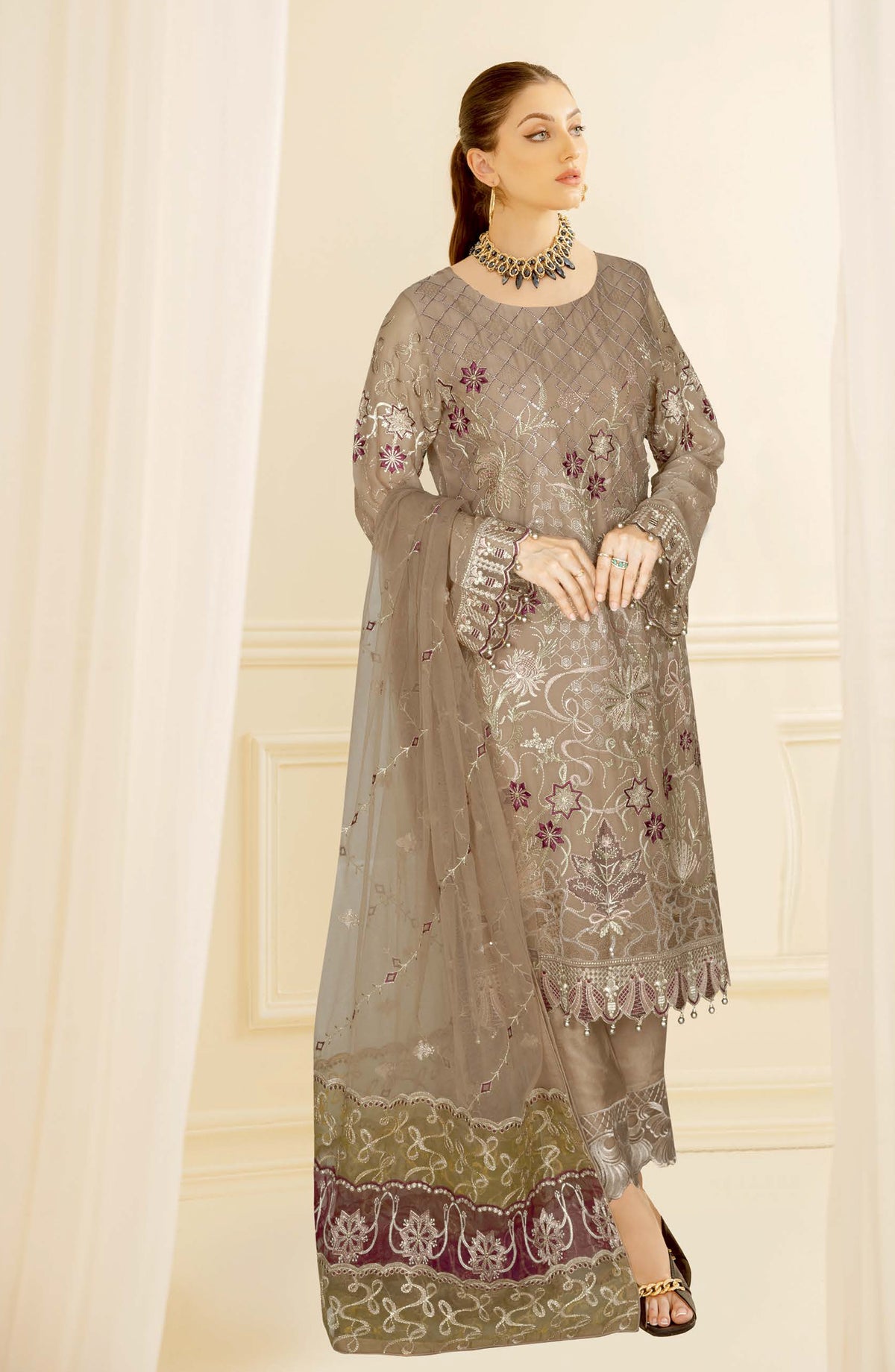 Nayab by Ramsha Luxury Embroidered Chiffon Unstitched 3 Piece Suit - N-412 - RM26NYB - Brown - Festive Collection